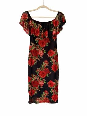 Red roses on/Off-Shoulder Midi Dress M